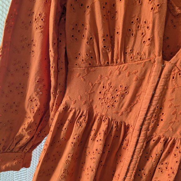 ASOS Orange Broderie Eyelet Cotton Midi Dress Boho Size 0 100% Cotton Fall - Picture 9 of 11